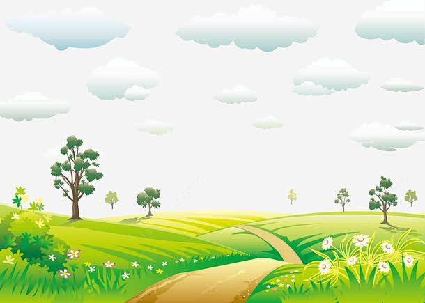 卡通田野场景高清素材云朵小清新树木绿色草地元素免抠png设计图片