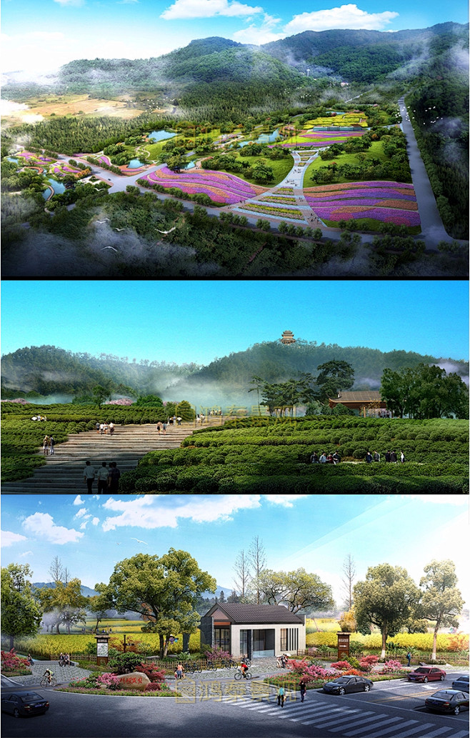 美丽乡村田野花海景观psd鸟瞰图新农村旅游规划景观效果图ps素材淘宝