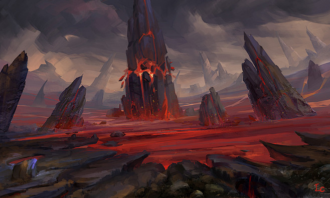 super6的场景原画场景概念火山熔岩石头熔岩之池