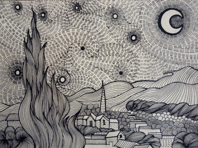 星月夜线描装饰画图片