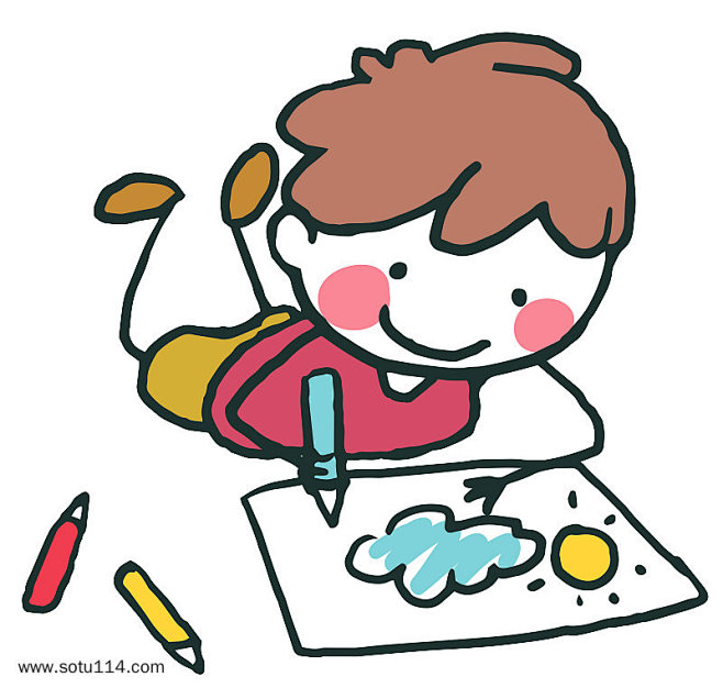 小男孩趴着画画简单手绘卡通