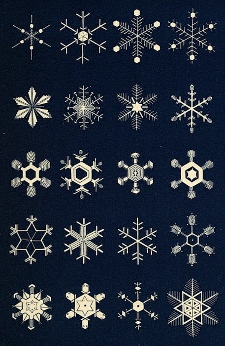 设计秀 下雪啦 雪花居然还可以这样表现 这些雪花图案插图出自于1863年自然之书的第一章 展现了雪花结晶的主要形状 通过显微镜来进行观察和绘制