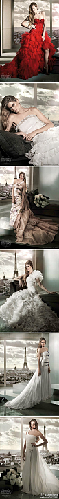 Alessandro Couture性感婚纱系列【二】整部婚纱大片皆以巴黎标志性建筑埃菲尔铁塔作为背景，蓝色、红色、金色这些婚纱不常见的颜色都纷纷登场，细致的设计和精致的剪裁造就出新娘曼妙的腰部曲线，性感妩媚的新娘能聚集周围所有的目光，强大的魅力气场可以征服所有女人。