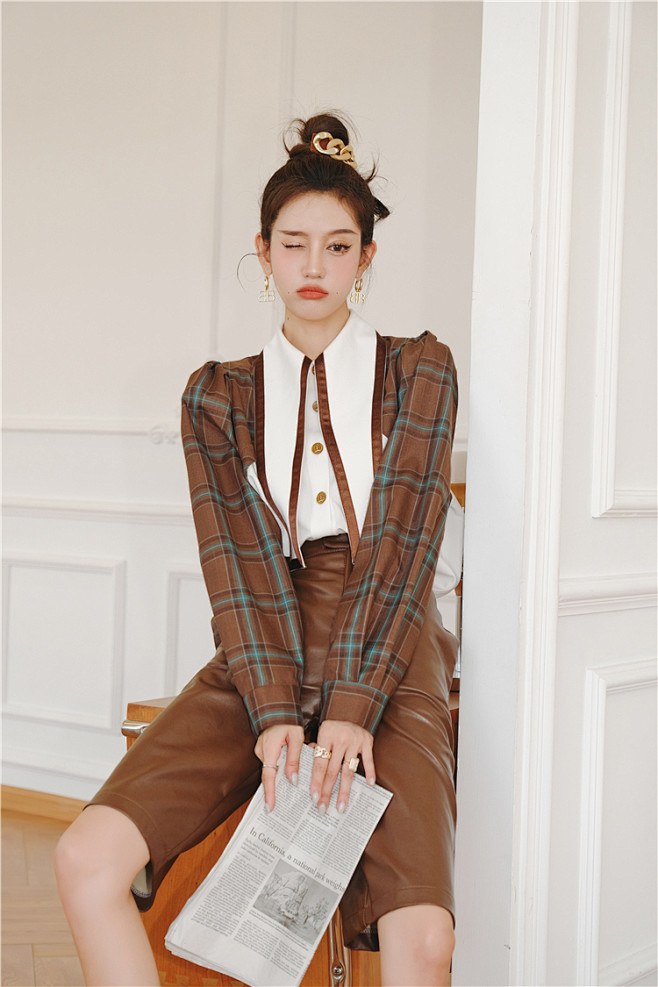 言醒英伦风泡泡袖格子大领衬衫女秋减龄学院撞色宽松衬衣2021淘宝网