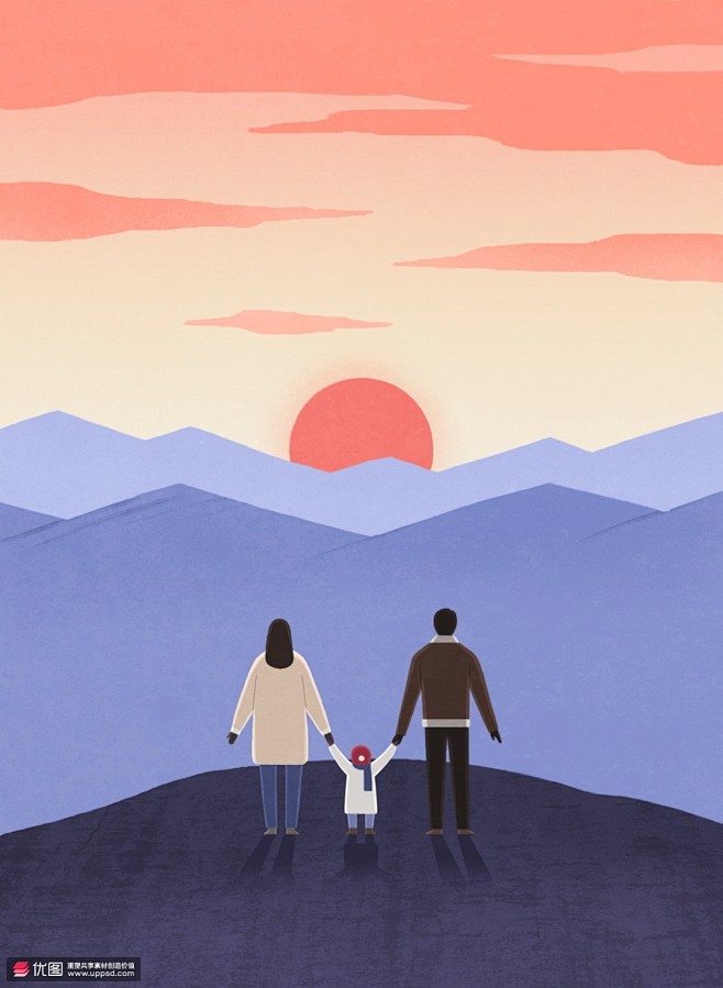 山峦起伏旭日东升一家三口看日出情侣插画人物插画情侣插画