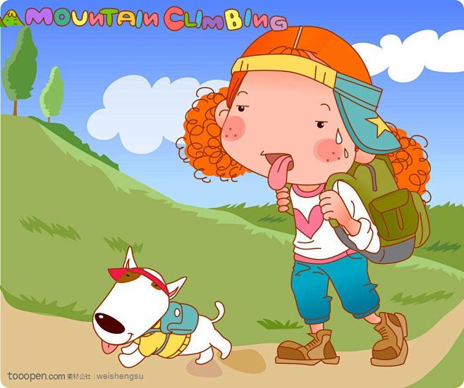 11:41:38韩国卡通胖女孩 吐舌头爬山郊游的卷发娃娃和小狗人物插画