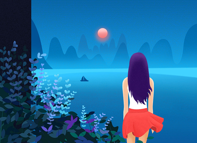 看日出的少女背影