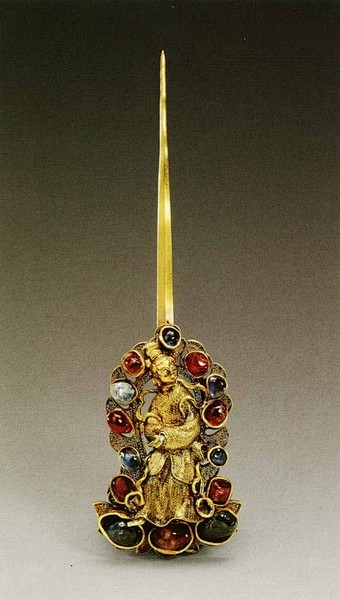 累丝嵌珠宝人物纹金挑心明万历定陵出土