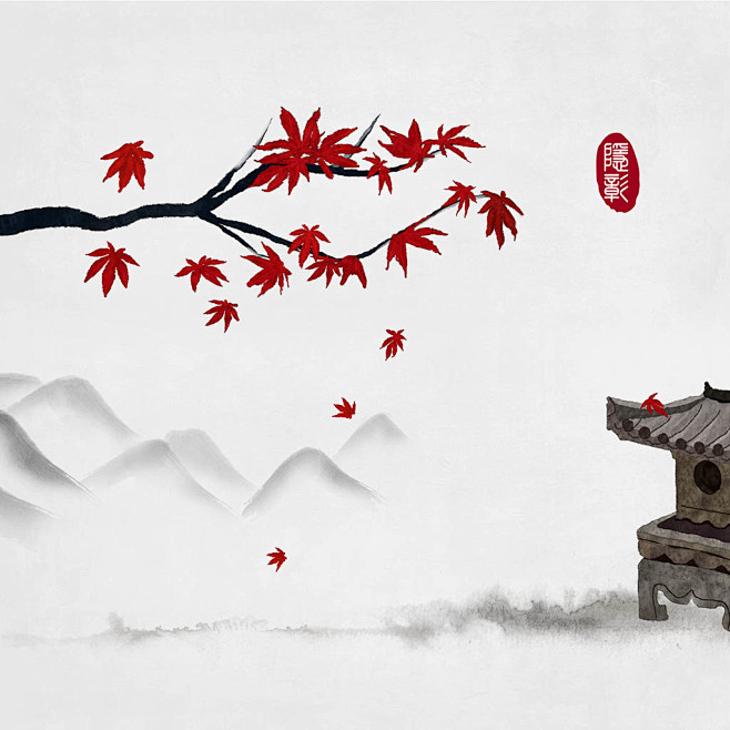 枫叶远山红叶意境插画禅意插画24节气插画古风插画中式中国风古风插画