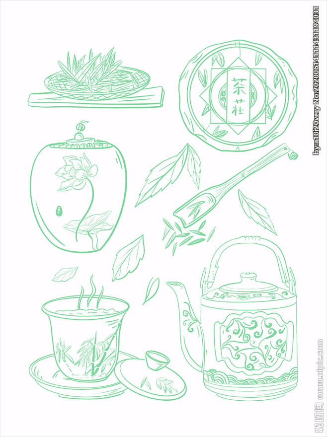 茶文化元素线稿图
