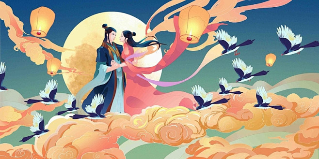 古风国潮七夕情人节原创插画素材背景