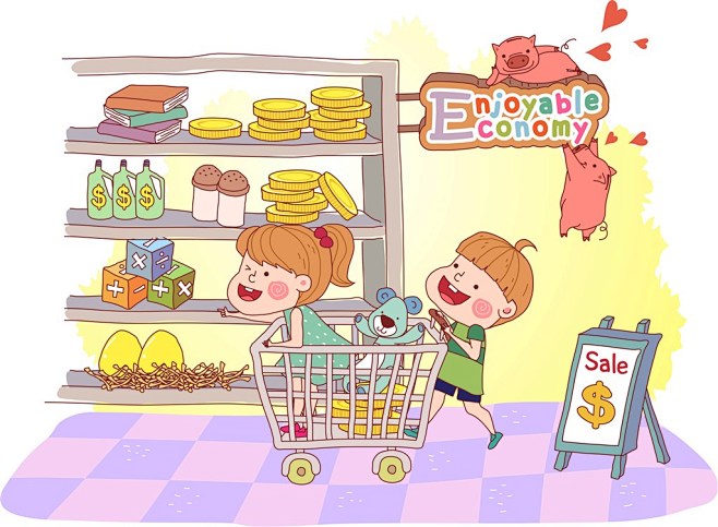 逛超市购物的可爱卡通儿童