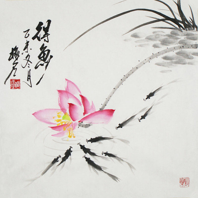 文人画家梅石原创手绘吉祥国画荷花九鱼三尺斗方写意花鸟字画原稿淘宝