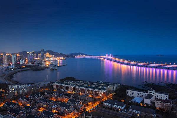 桥 大连 酒店 海景 海洋 无人 建筑物 远景 明亮 夜生活 星海湾 大连