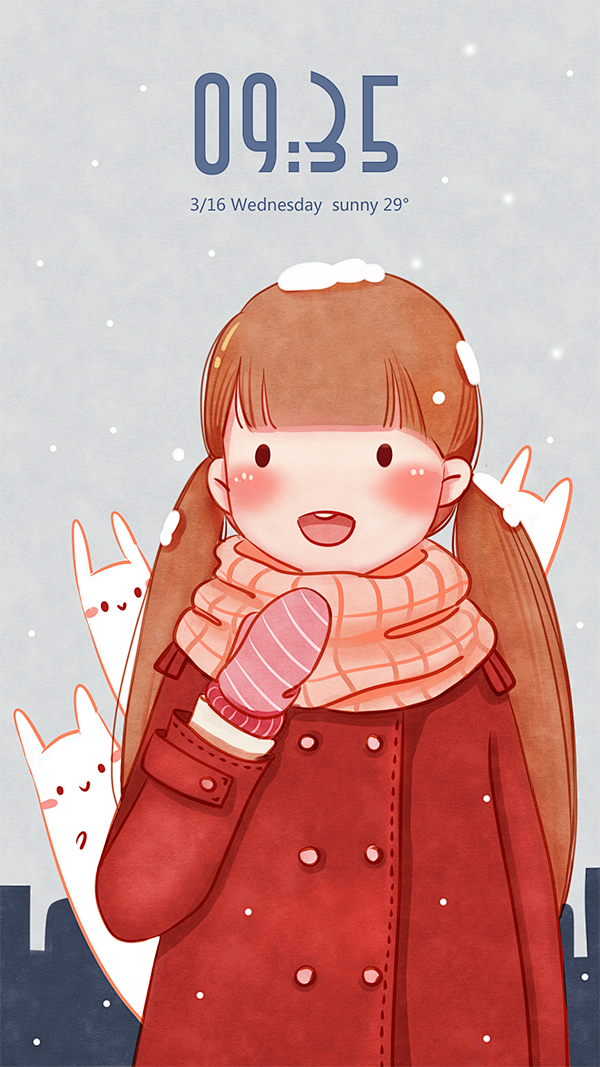 com 冬日少女壁纸-晴天喵_插画,可爱,手绘,冬日,雪,q版,卡通,森系