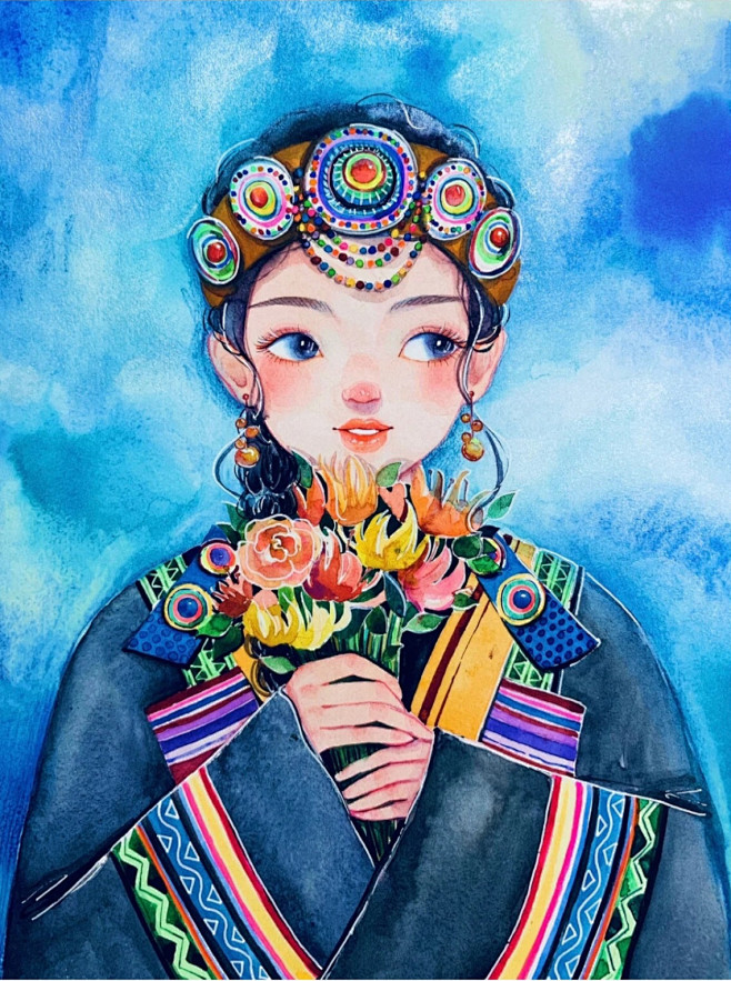 白小海水彩手绘云南少数民族少女作品欣赏