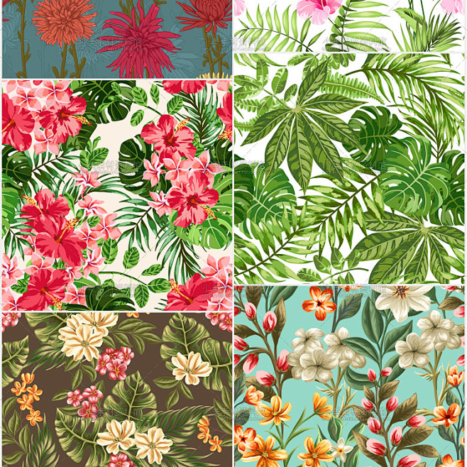 手绘水彩花朵热带植物花卉无缝拼接印花图案装饰插画矢量设计素材淘宝