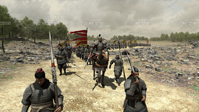 古代行军队伍出兵北伐远征军树林山谷将军士兵战士骑马战争打仗战场