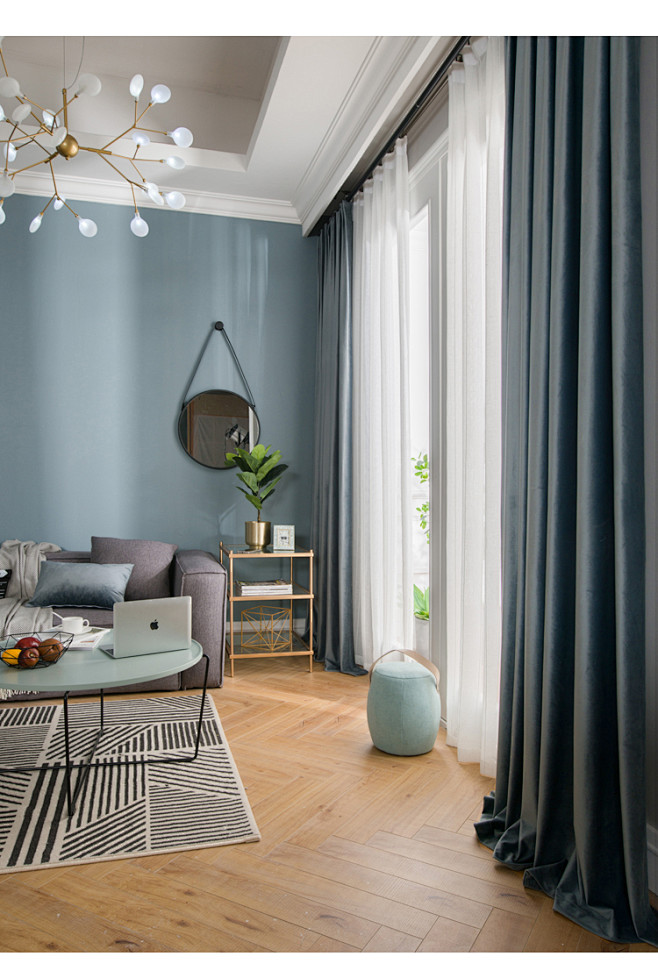 窗帘北欧优雅灰蓝落地飘窗窗帘荷兰绒遮光布料定制客厅窗帘新品淘宝网