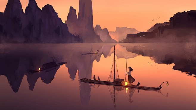 傍晚黄昏湖水竹排渔船灯女孩动漫壁纸