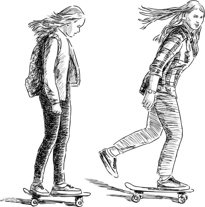 抽象矢量玩滑板的女孩素描插图设计素描图片素描画图片macz素描素材