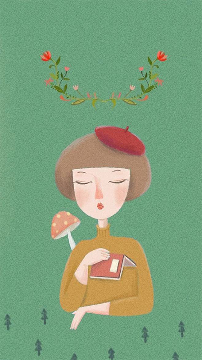 文艺女孩唯美手绘插画手机壁纸
