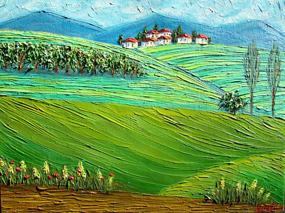 绿色田野春天风景油画作品赏析