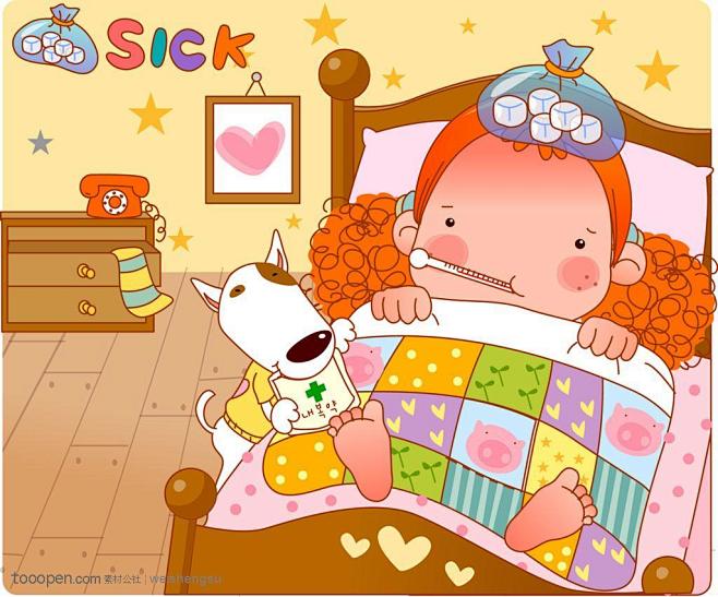 韩国卡通胖女孩生病发烧的卷发娃娃躺在床上