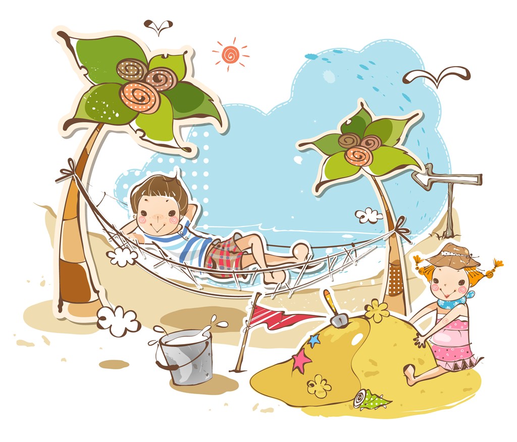 夏日暑假旅游沙滩小孩水彩手绘卡通风景插画卡片海报