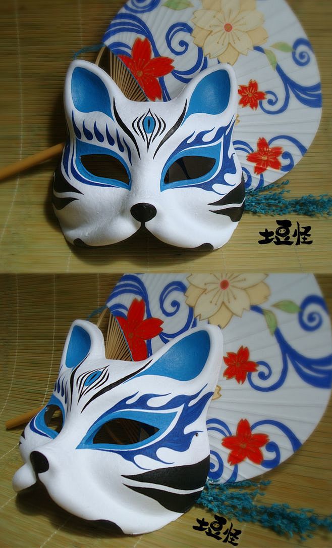 【土豆怪出品】 日本狐狸面具 狐妖面具 和风手绘【蓝色之焰】-淘宝