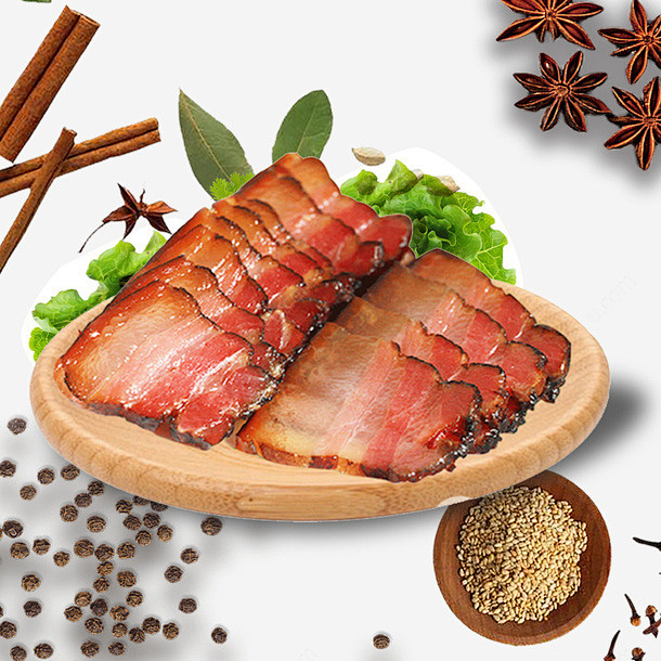 古风美食美味腊肉切片元素高清素材一盘肉片八角花椒四川腊肉木盘子