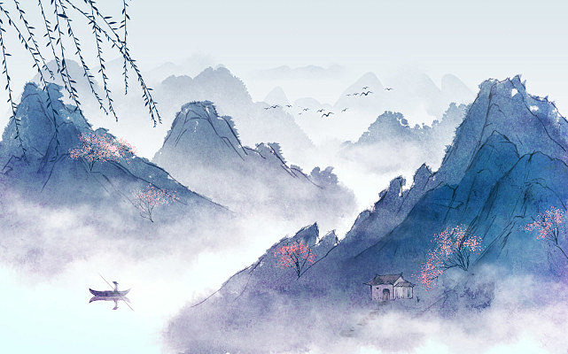 古风水墨山水原创插画素材