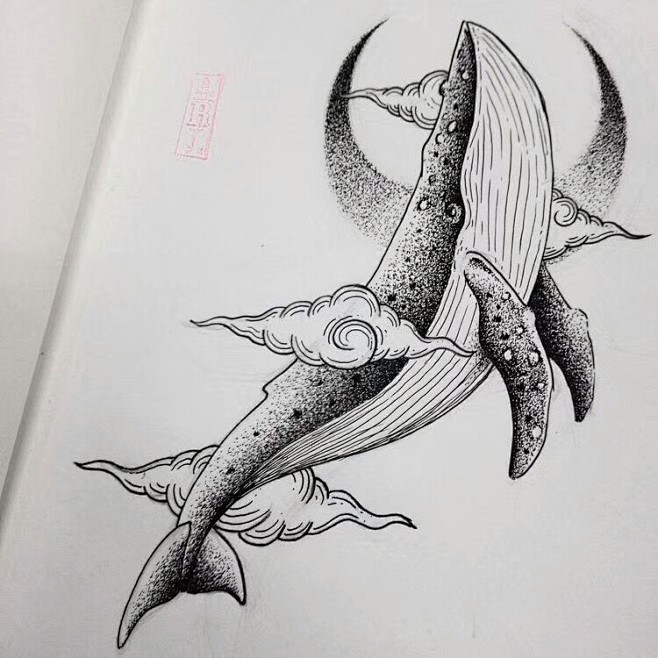 鲸鱼纹身手稿 线条图片