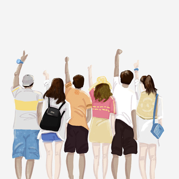 手绘卡通人物一群青年背影