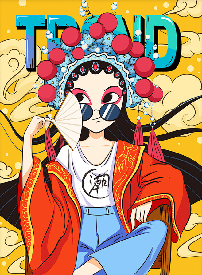 复古中国风古建筑龙国潮古风鱼国粹仙鹤嫦娥插画手绘海报设计素材淘宝