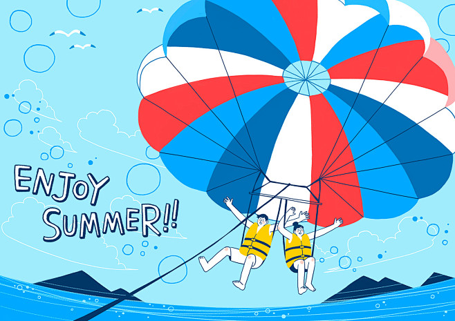 滑翔伞淡彩手绘水上竞技休闲运动插图插画设计psdtid050t002998