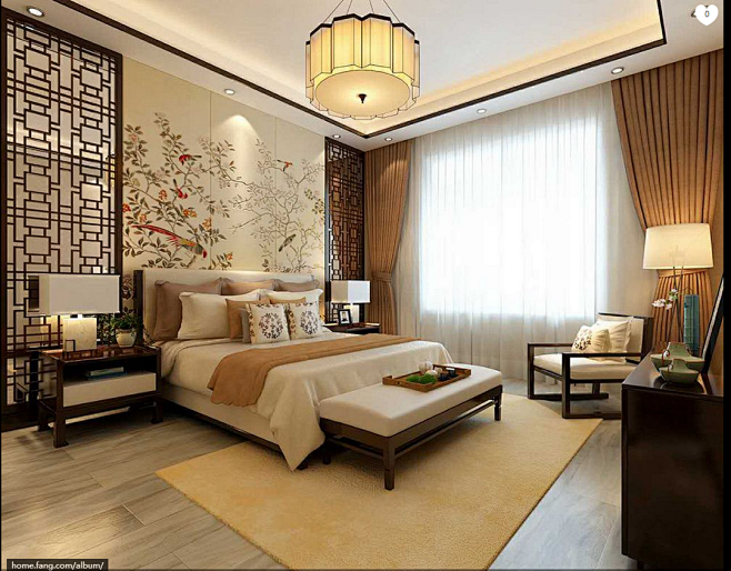 新中式风格三居室卧室壁纸装修效果图大全房天下装修效果图