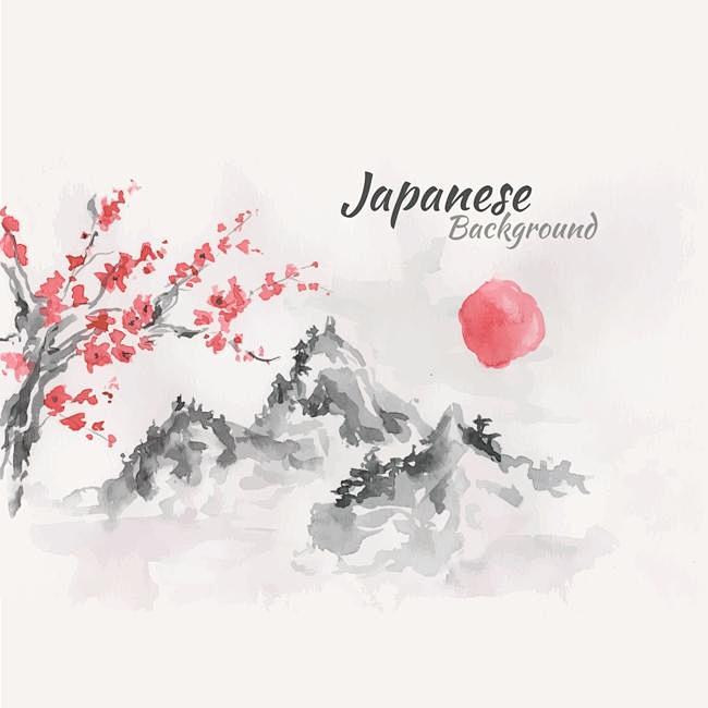 矢量可下载 日本和风水彩水墨画海报樱花富士山风景背景eps矢量设计素材