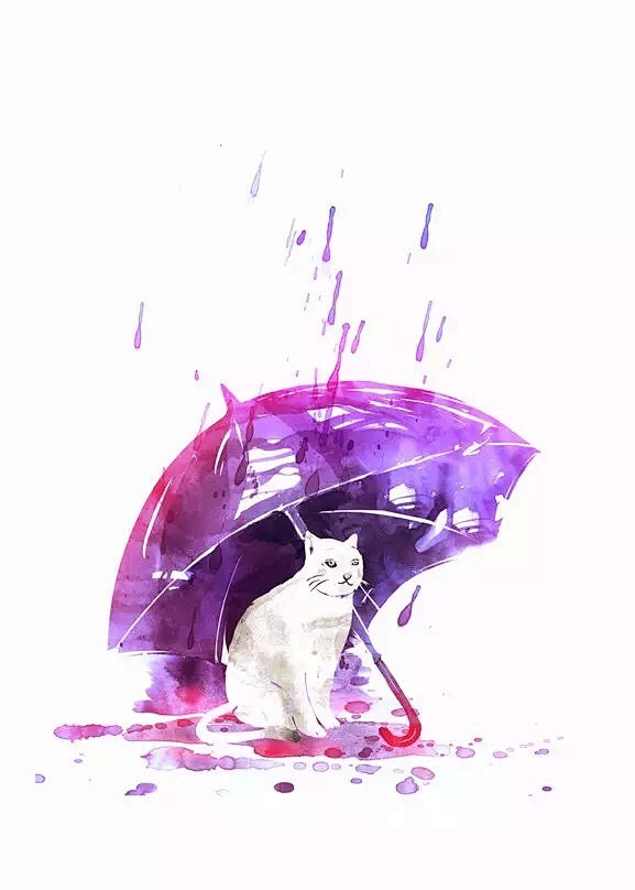 猫咪雨天雨伞 水彩 背景 自愈系 背景图