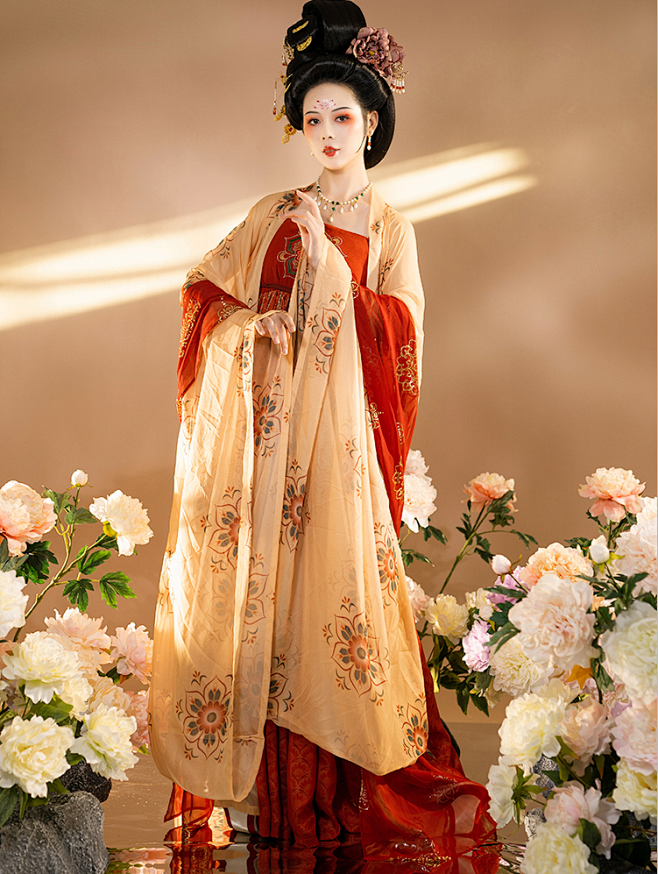 古装唐代海棠私语女羞花唐制汉服女原创唐风诃子裙大袖衫披帛套装淘宝