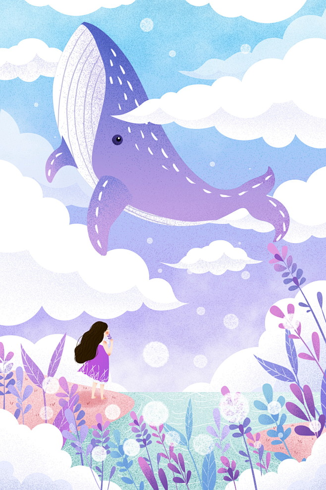淡彩手绘许愿女孩北冥蓝鲸鲸鱼插图插画设计jy00027
