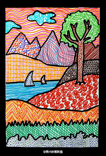 线条构成的有纹理的风景画儿童美术教学67676767