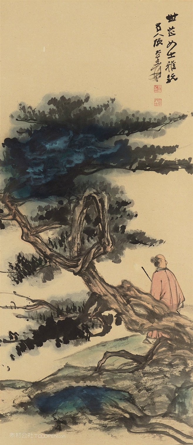 张大千水墨松树国画