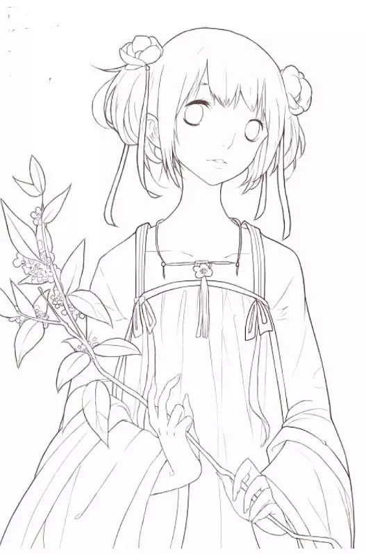 黑白线稿唯美古风美女白描线稿