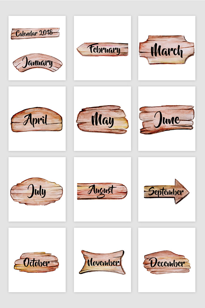 英文月份木板牌矢量素材