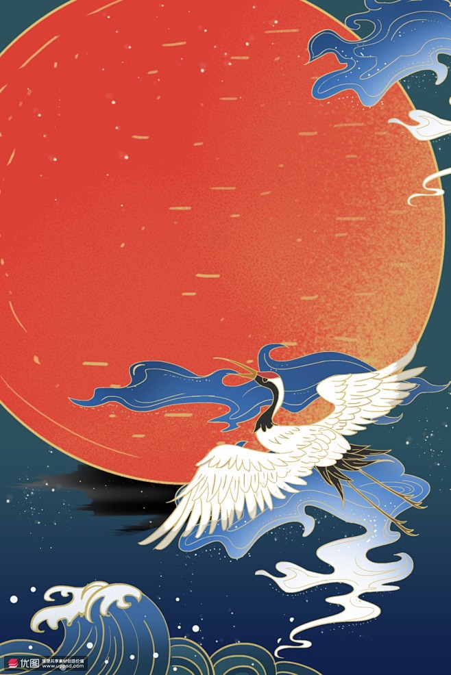 日出东方红日展翅飞鹤国风国潮背景海报招贴中国风海报