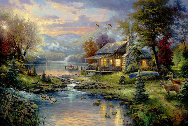 房屋小河风景油画图片