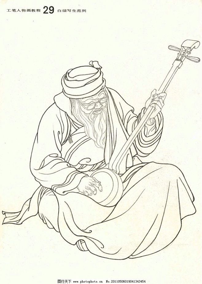 白描图 国画 工笔 白描人物 马头琴 老人 弹琴