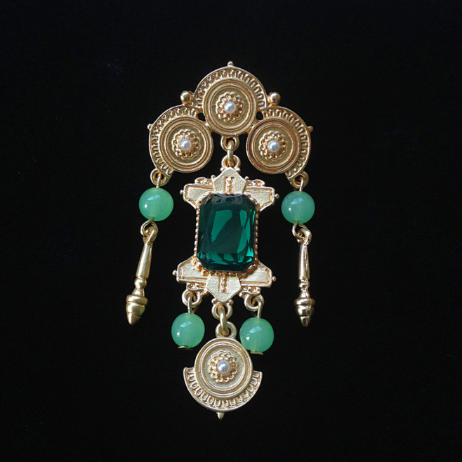 vintage古着铜钱流苏胸针仿古董宝石别针巴洛克镀磨砂金丝巾扣淘宝网