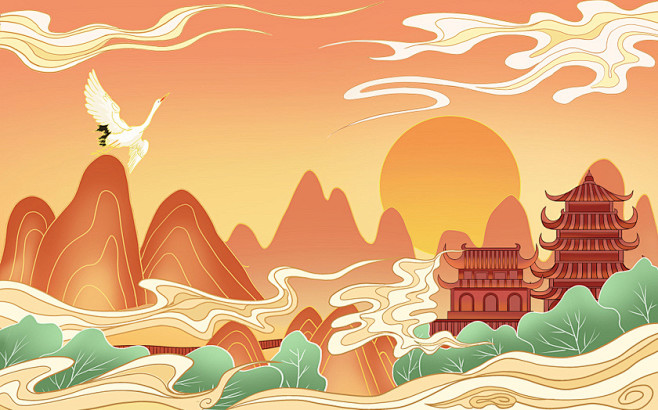 工笔复古国潮风背景插画素材复古国潮风背景仙鹤亭台山水背景素材插画